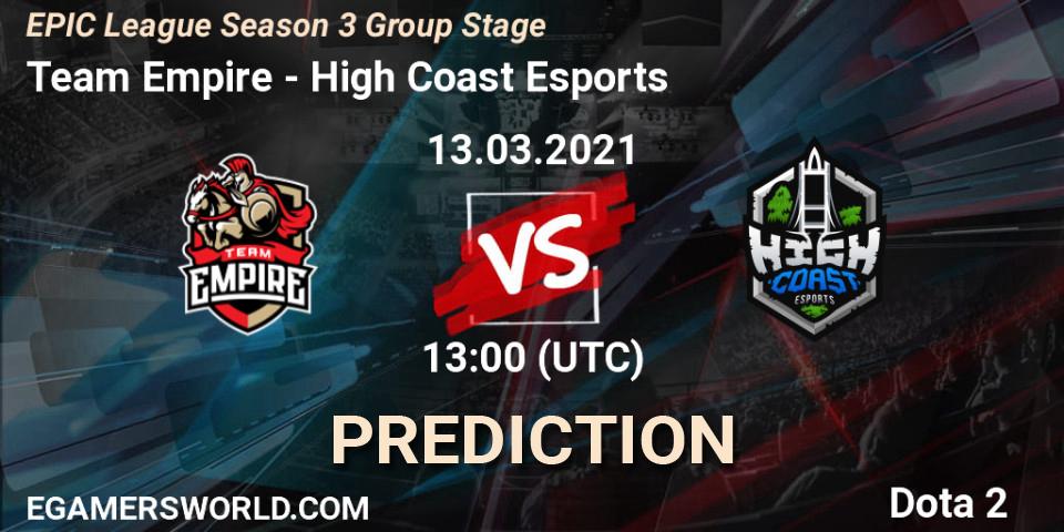 Pronósticos Team Empire - High Coast Esports. 13.03.2021 at 12:59. EPIC League Season 3 Group Stage - Dota 2