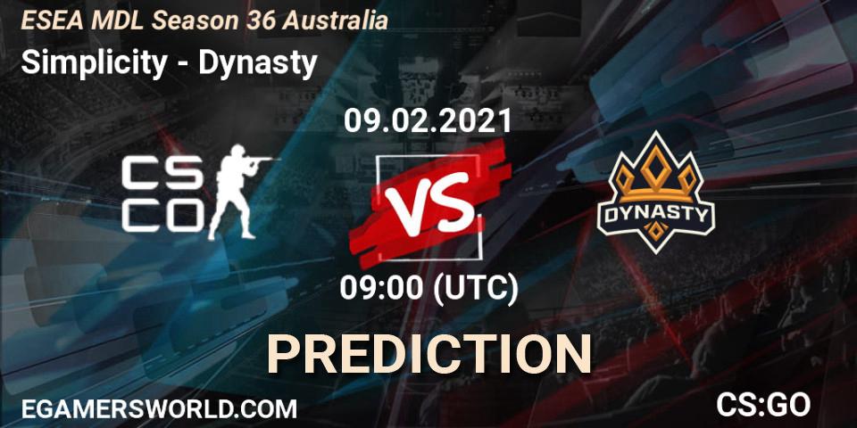Pronósticos Simplicity - Dynasty. 09.02.2021 at 09:00. MDL ESEA Season 36: Australia - Premier Division - Counter-Strike (CS2)
