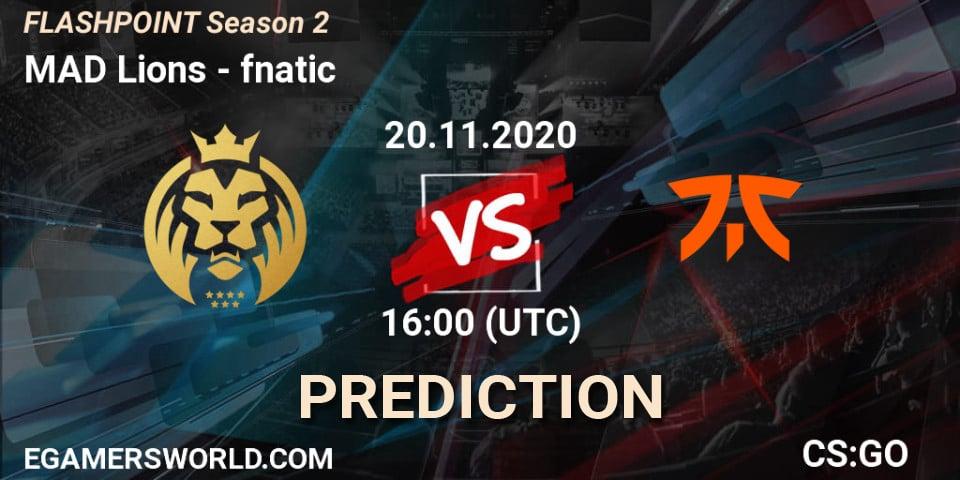 Pronósticos MAD Lions - fnatic. 20.11.2020 at 16:00. Flashpoint Season 2 - Counter-Strike (CS2)