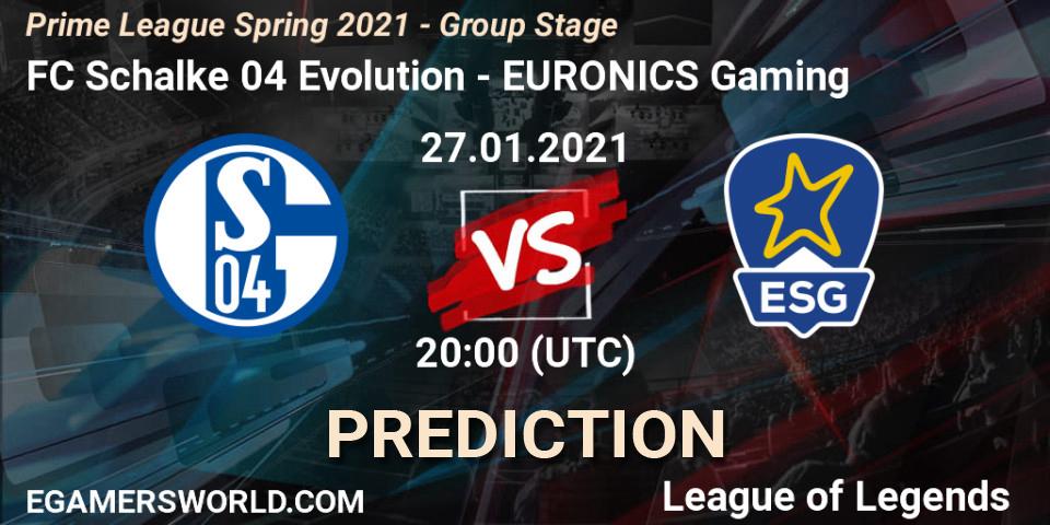 Pronósticos FC Schalke 04 Evolution - EURONICS Gaming. 28.01.21. Prime League Spring 2021 - Group Stage - LoL