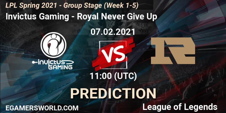Pronósticos Invictus Gaming - Royal Never Give Up. 07.02.2021 at 12:08. LPL Spring 2021 - Group Stage (Week 1-5) - LoL