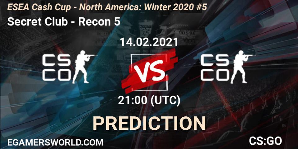 Pronósticos Secret Club - Recon 5. 14.02.2021 at 21:00. ESEA Cash Cup - North America: Winter 2020 #5 - Counter-Strike (CS2)
