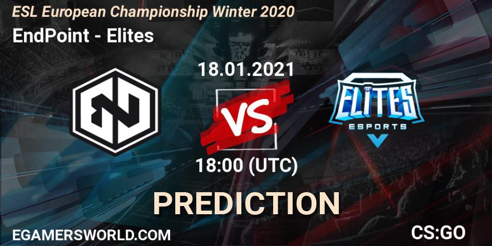 Pronósticos EndPoint - Elites. 18.01.2021 at 18:15. ESL European Championship Winter 2020 - Counter-Strike (CS2)