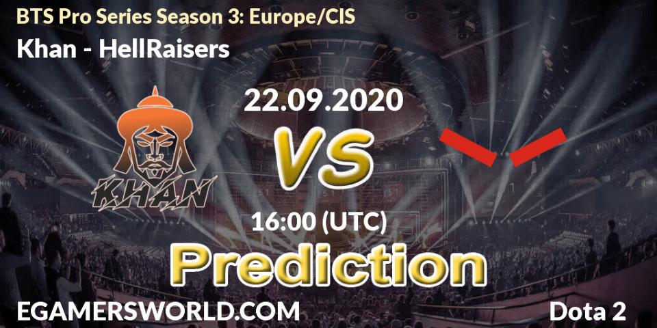 Pronósticos Khan - HellRaisers. 22.09.2020 at 16:25. BTS Pro Series Season 3: Europe/CIS - Dota 2