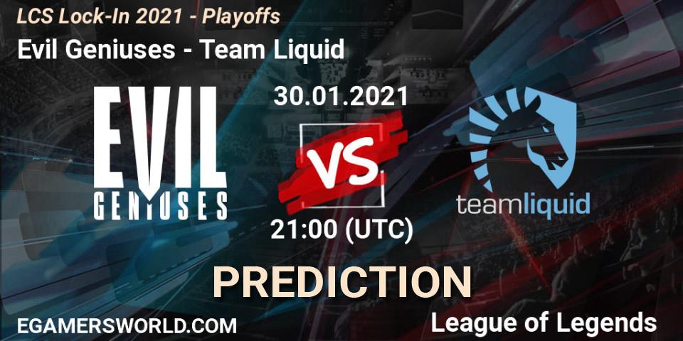 Pronósticos Evil Geniuses - Team Liquid. 30.01.2021 at 21:28. LCS Lock-In 2021 - Playoffs - LoL