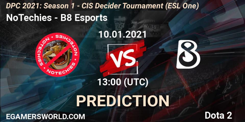 Pronósticos NoTechies - B8 Esports. 10.01.2021 at 13:00. DPC 2021: Season 1 - CIS Decider Tournament (ESL One) - Dota 2