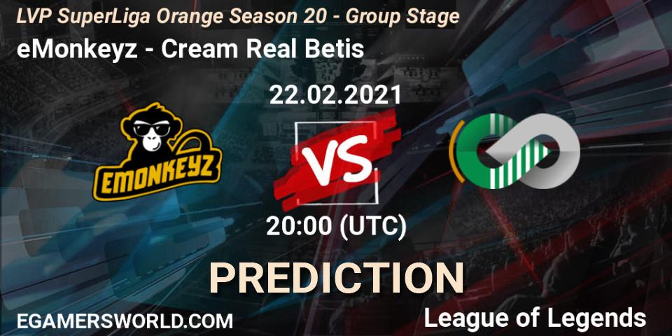 Pronósticos eMonkeyz - Cream Real Betis. 22.02.2021 at 20:00. LVP SuperLiga Orange Season 20 - Group Stage - LoL