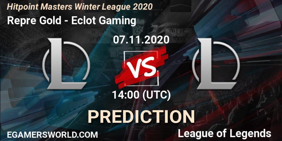 Pronósticos Repre Gold - Eclot Gaming. 07.11.2020 at 14:00. Hitpoint Masters Winter League 2020 - LoL