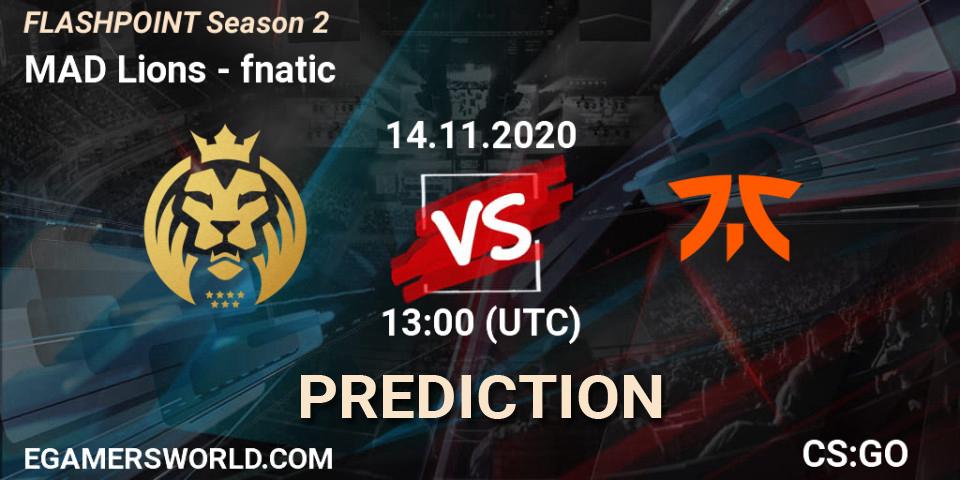 Pronósticos MAD Lions - fnatic. 14.11.2020 at 13:00. Flashpoint Season 2 - Counter-Strike (CS2)