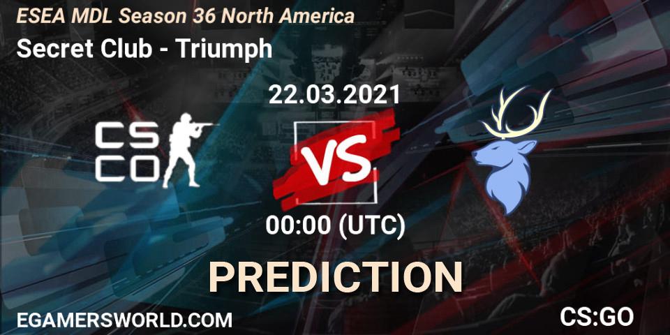 Pronósticos Secret Club - Triumph. 21.03.2021 at 23:00. MDL ESEA Season 36: North America - Premier Division - Counter-Strike (CS2)