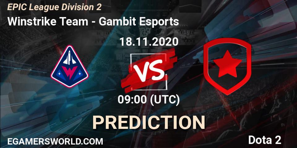 Pronósticos Winstrike Team - Gambit Esports. 18.11.2020 at 09:00. EPIC League Division 2 - Dota 2