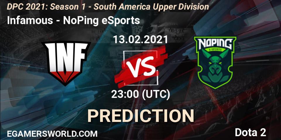 Pronósticos Infamous - NoPing eSports. 13.02.2021 at 23:00. DPC 2021: Season 1 - South America Upper Division - Dota 2