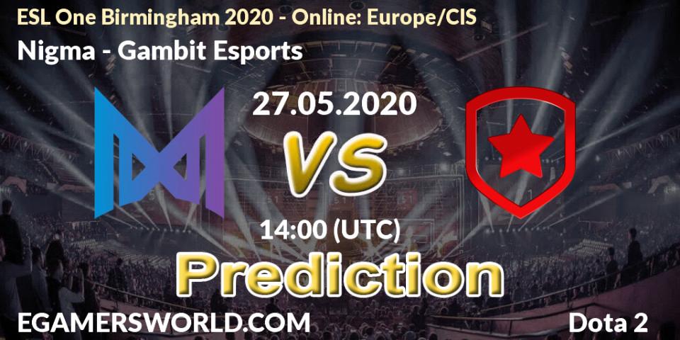 Pronósticos Nigma - Gambit Esports. 27.05.2020 at 14:18. ESL One Birmingham 2020 - Online: Europe/CIS - Dota 2