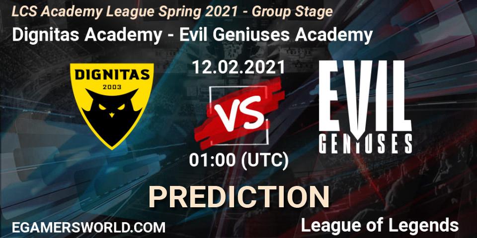 Pronósticos Dignitas Academy - Evil Geniuses Academy. 12.02.2021 at 01:00. LCS Academy League Spring 2021 - Group Stage - LoL