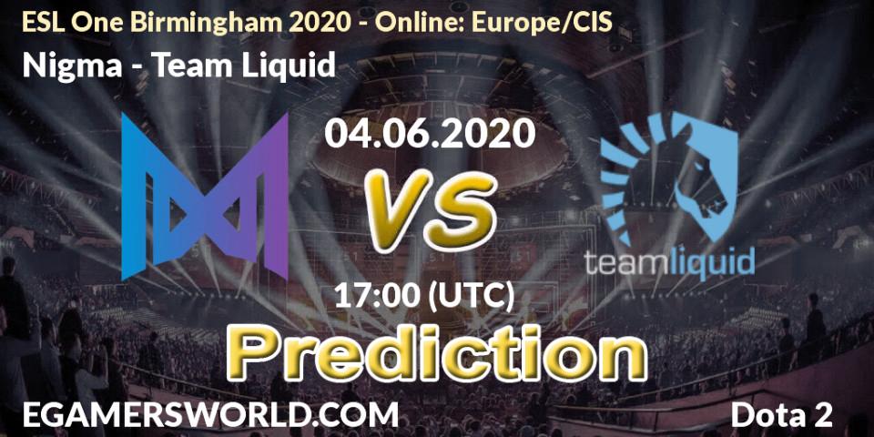 Pronósticos Nigma - Team Liquid. 04.06.2020 at 17:26. ESL One Birmingham 2020 - Online: Europe/CIS - Dota 2