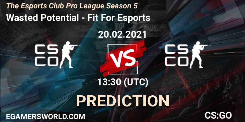 Pronósticos Wasted Potential - Fit For Esports. 20.02.2021 at 13:30. The Esports Club Pro League Season 5 - Counter-Strike (CS2)