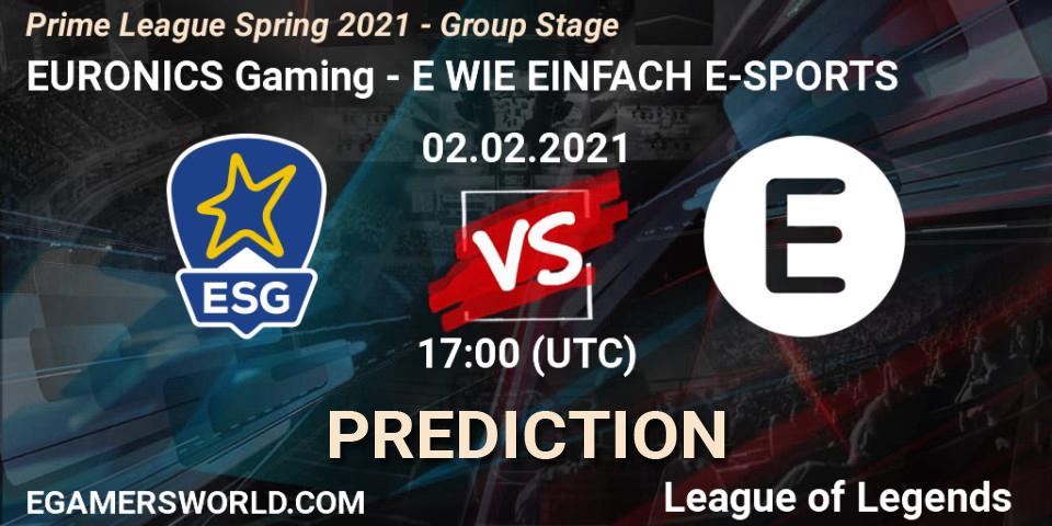 Pronósticos EURONICS Gaming - E WIE EINFACH E-SPORTS. 02.02.2021 at 18:00. Prime League Spring 2021 - Group Stage - LoL