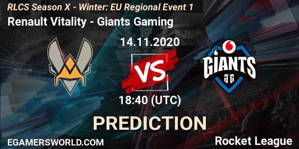 Pronósticos Renault Vitality - Giants Gaming. 14.11.2020 at 18:40. RLCS Season X - Winter: EU Regional Event 1 - Rocket League