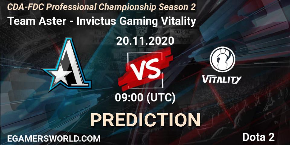 Pronósticos Team Aster - Invictus Gaming Vitality. 20.11.2020 at 09:17. CDA-FDC Professional Championship Season 2 - Dota 2