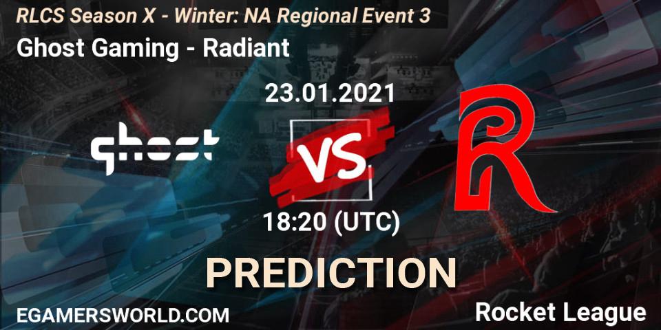 Pronósticos Ghost Gaming - Radiant. 23.01.2021 at 19:20. RLCS Season X - Winter: NA Regional Event 3 - Rocket League