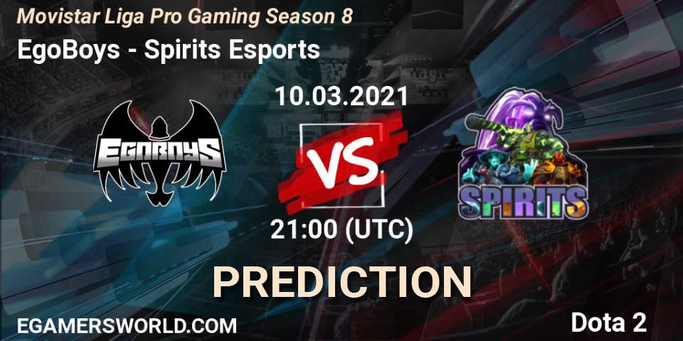 Pronósticos EgoBoys - Spirits Esports. 10.03.2021 at 21:05. Movistar Liga Pro Gaming Season 8 - Dota 2