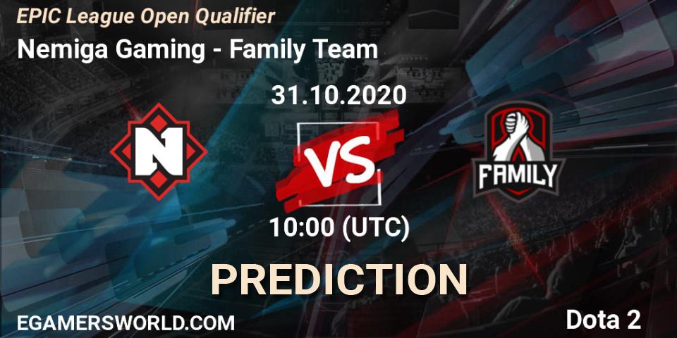 Pronósticos Nemiga Gaming - Family Team. 31.10.2020 at 10:20. EPIC League Open Qualifier - Dota 2
