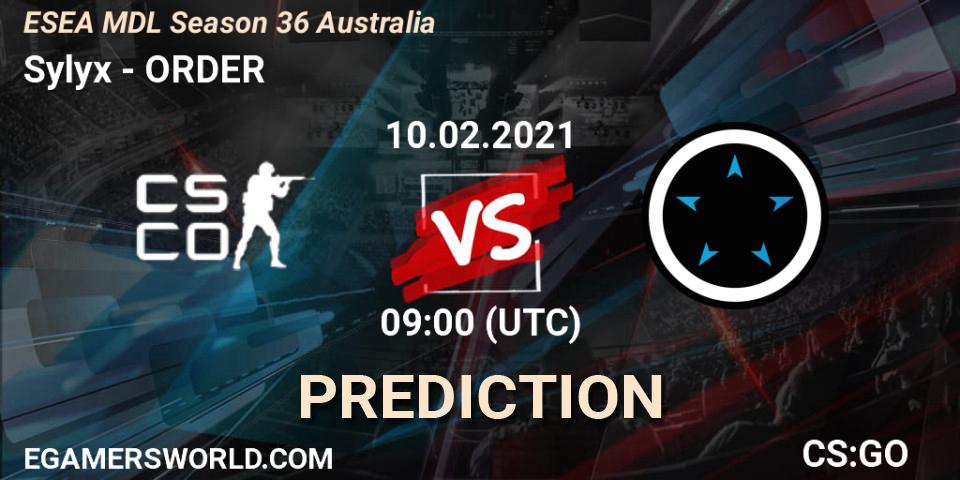 Pronósticos Sylyx - ORDER. 10.02.2021 at 09:00. MDL ESEA Season 36: Australia - Premier Division - Counter-Strike (CS2)