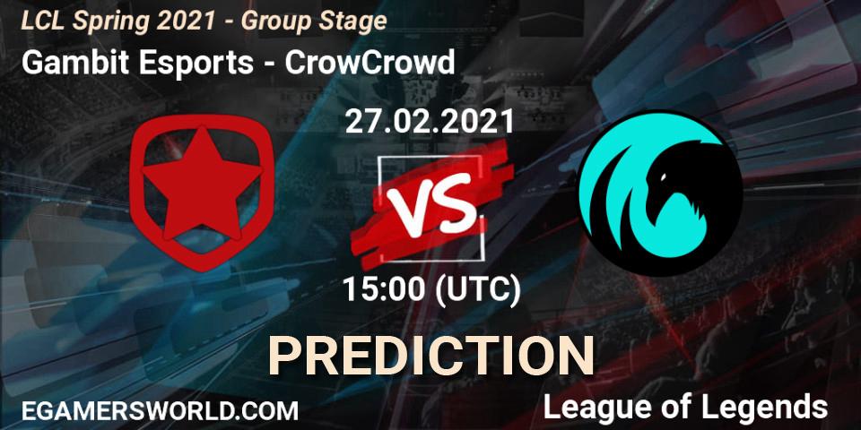 Pronósticos Gambit Esports - CrowCrowd. 27.02.2021 at 15:00. LCL Spring 2021 - Group Stage - LoL