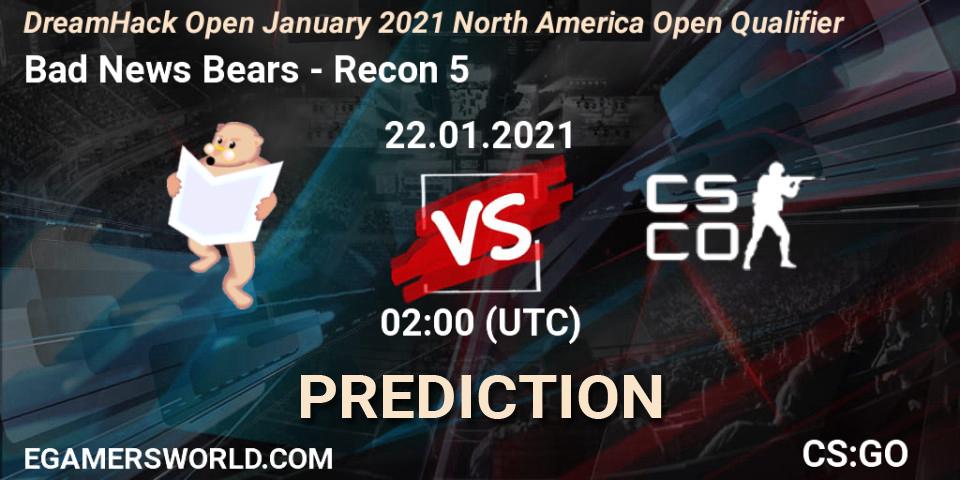 Pronósticos Bad News Bears - Recon 5. 22.01.2021 at 02:00. DreamHack Open January 2021 North America Open Qualifier - Counter-Strike (CS2)