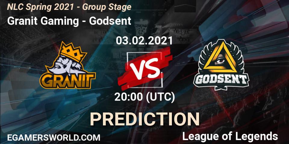Pronósticos Granit Gaming - Godsent. 03.02.2021 at 20:15. NLC Spring 2021 - Group Stage - LoL