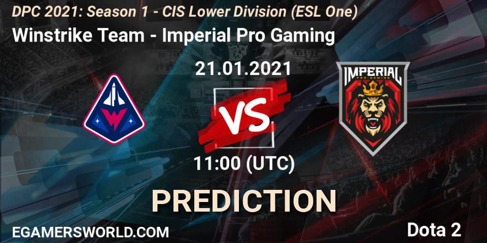 Pronósticos Winstrike Team - Imperial Pro Gaming. 21.01.2021 at 10:55. ESL One. DPC 2021: Season 1 - CIS Lower Division - Dota 2