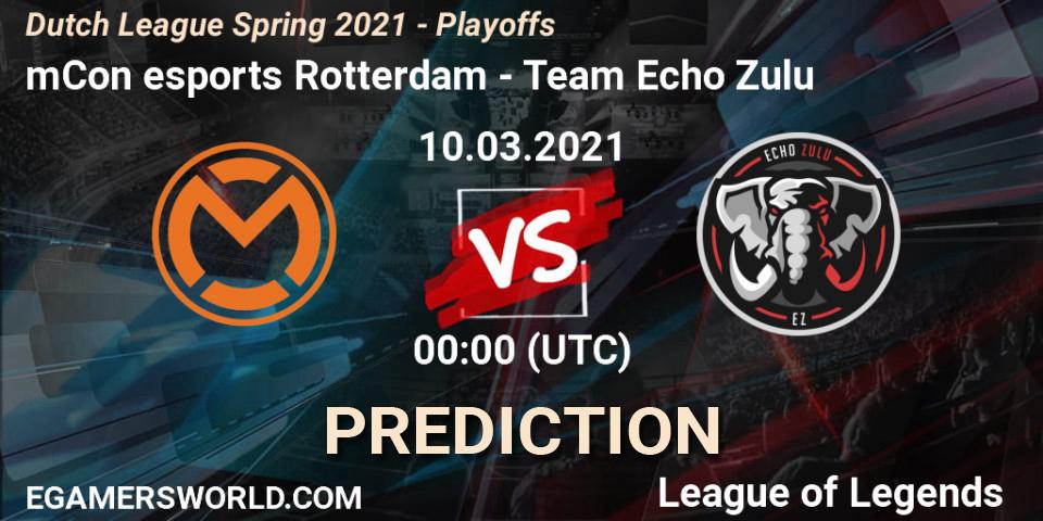 Pronósticos mCon esports Rotterdam - Team Echo Zulu. 10.03.2021 at 18:00. Dutch League Spring 2021 - Playoffs - LoL