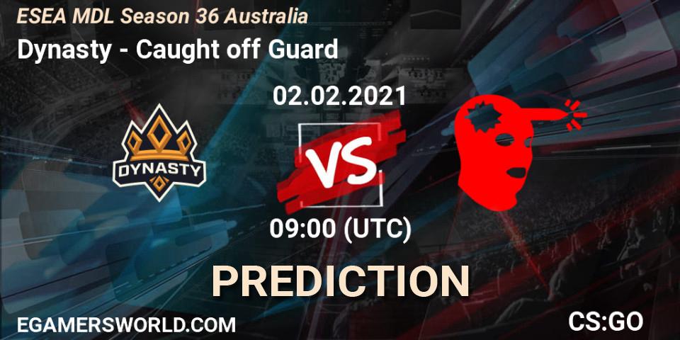 Pronósticos Dynasty - Caught off Guard. 02.02.2021 at 09:00. MDL ESEA Season 36: Australia - Premier Division - Counter-Strike (CS2)