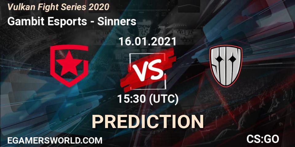 Pronósticos Gambit Esports - Sinners. 16.01.2021 at 15:30. Vulkan Fight Series 2020 - Counter-Strike (CS2)