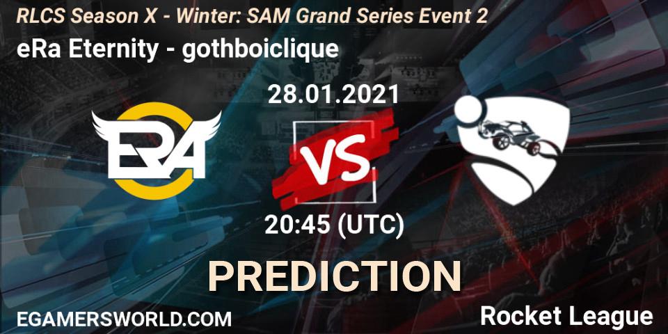 Pronósticos eRa Eternity - gothboiclique. 28.01.2021 at 20:45. RLCS Season X - Winter: SAM Grand Series Event 2 - Rocket League