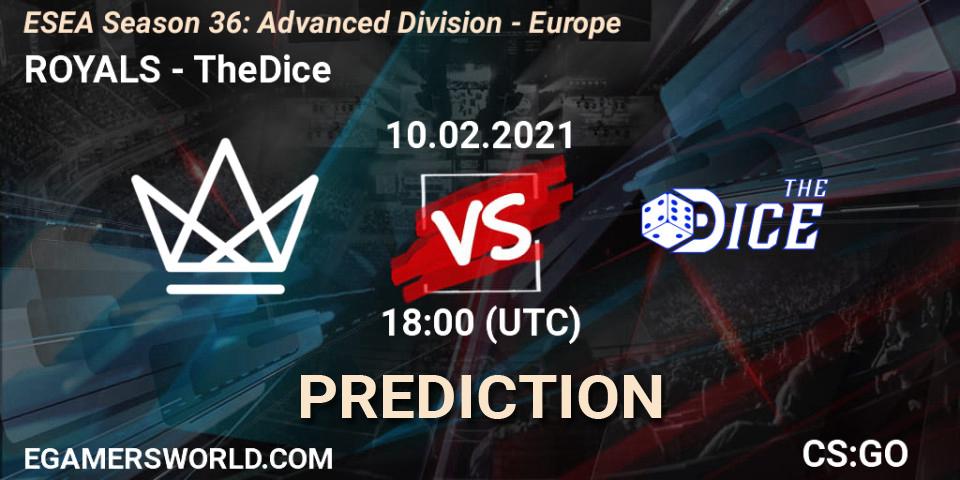 Pronósticos ROYALS - TheDice. 10.02.2021 at 18:00. ESEA Season 36: Europe - Advanced Division - Counter-Strike (CS2)