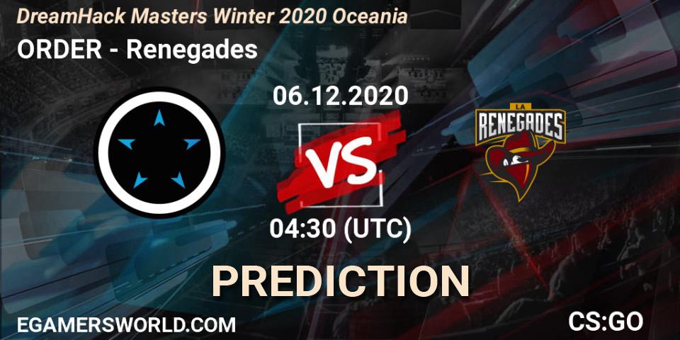 Pronósticos ORDER - Renegades. 06.12.2020 at 04:30. DreamHack Masters Winter 2020 Oceania - Counter-Strike (CS2)