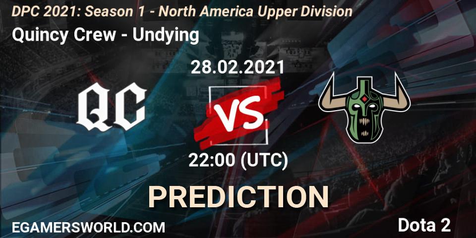 Pronósticos Quincy Crew - Undying. 28.02.2021 at 22:25. DPC 2021: Season 1 - North America Upper Division - Dota 2
