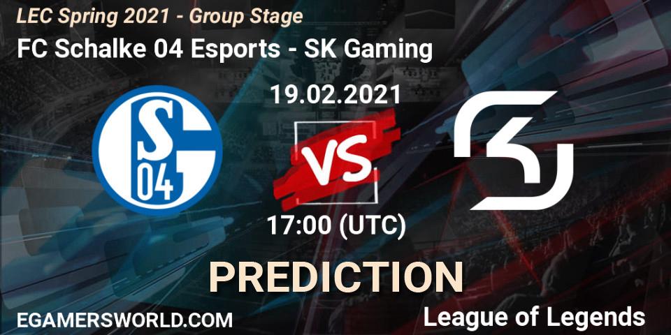 Pronósticos FC Schalke 04 Esports - SK Gaming. 19.02.2021 at 17:00. LEC Spring 2021 - Group Stage - LoL