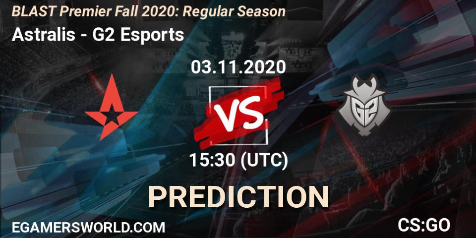 Pronósticos Astralis - G2 Esports. 03.11.2020 at 15:30. BLAST Premier Fall 2020: Regular Season - Counter-Strike (CS2)