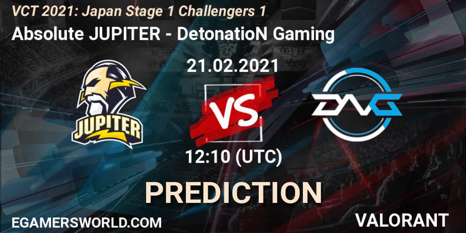Pronósticos Absolute JUPITER - DetonatioN Gaming. 21.02.2021 at 13:20. VCT 2021: Japan Stage 1 Challengers 1 - VALORANT