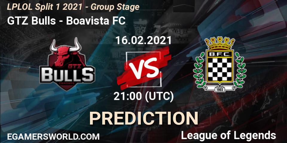 Pronósticos GTZ Bulls - Boavista FC. 16.02.2021 at 21:00. LPLOL Split 1 2021 - Group Stage - LoL