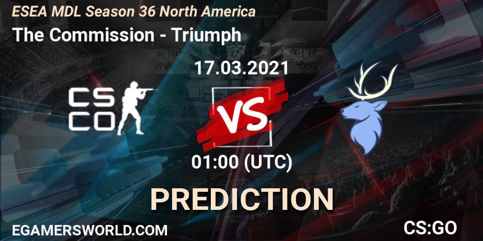 Pronósticos The Commission - Triumph. 17.03.2021 at 01:00. MDL ESEA Season 36: North America - Premier Division - Counter-Strike (CS2)