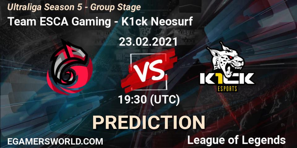 Pronósticos Team ESCA Gaming - K1ck Neosurf. 23.02.2021 at 19:30. Ultraliga Season 5 - Group Stage - LoL