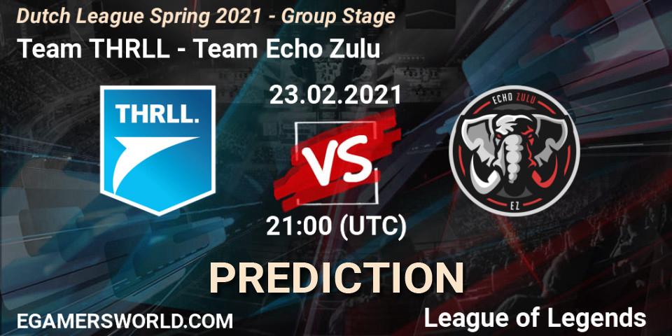 Pronósticos Team THRLL - Team Echo Zulu. 23.02.2021 at 21:00. Dutch League Spring 2021 - Group Stage - LoL
