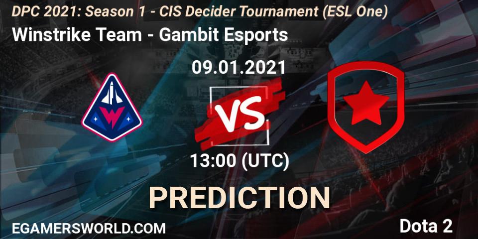 Pronósticos Winstrike Team - Gambit Esports. 09.01.2021 at 13:00. DPC 2021: Season 1 - CIS Decider Tournament (ESL One) - Dota 2