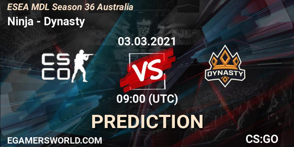 Pronósticos Ninja - Dynasty. 03.03.2021 at 09:00. MDL ESEA Season 36: Australia - Premier Division - Counter-Strike (CS2)
