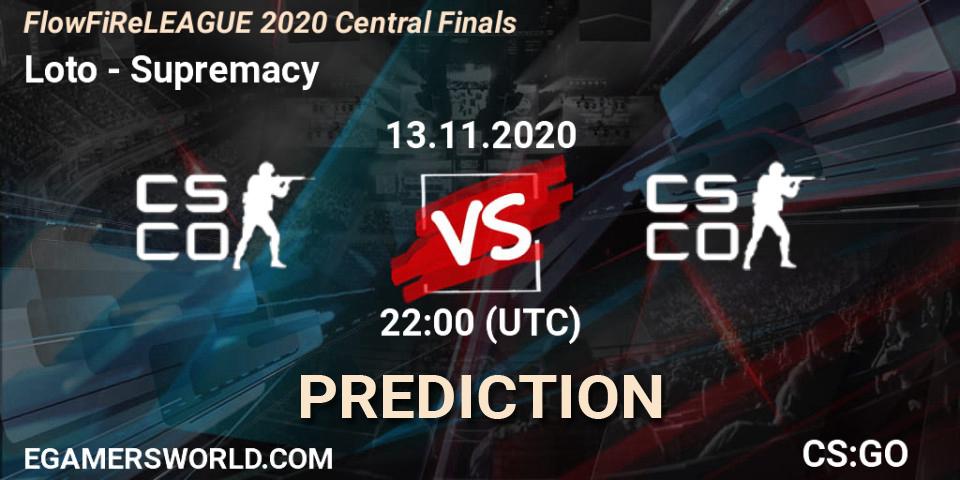 Pronósticos Loto - Supremacy. 13.11.2020 at 22:00. FlowFiReLEAGUE 2020 Central Finals - Counter-Strike (CS2)