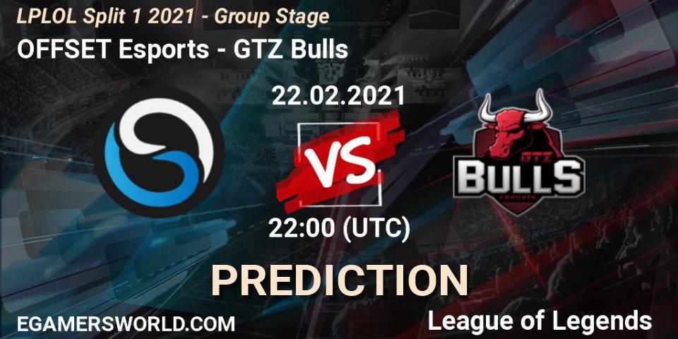 Pronósticos OFFSET Esports - GTZ Bulls. 22.02.2021 at 22:00. LPLOL Split 1 2021 - Group Stage - LoL