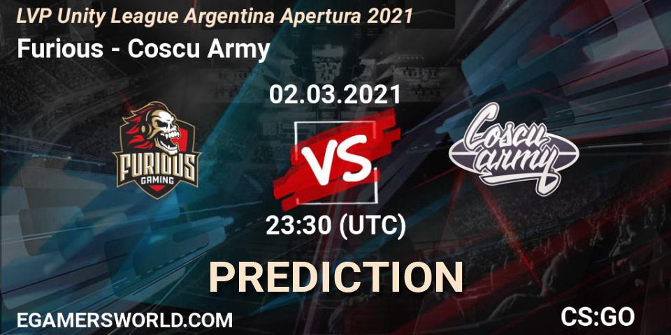 Pronósticos Furious - Coscu Army. 02.03.2021 at 23:30. LVP Unity League Argentina Apertura 2021 - Counter-Strike (CS2)